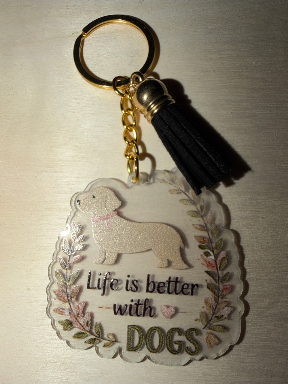 Life Is Better With Dogs Acrylic Keychain (Handmade) Cream Dog with Black Tassel